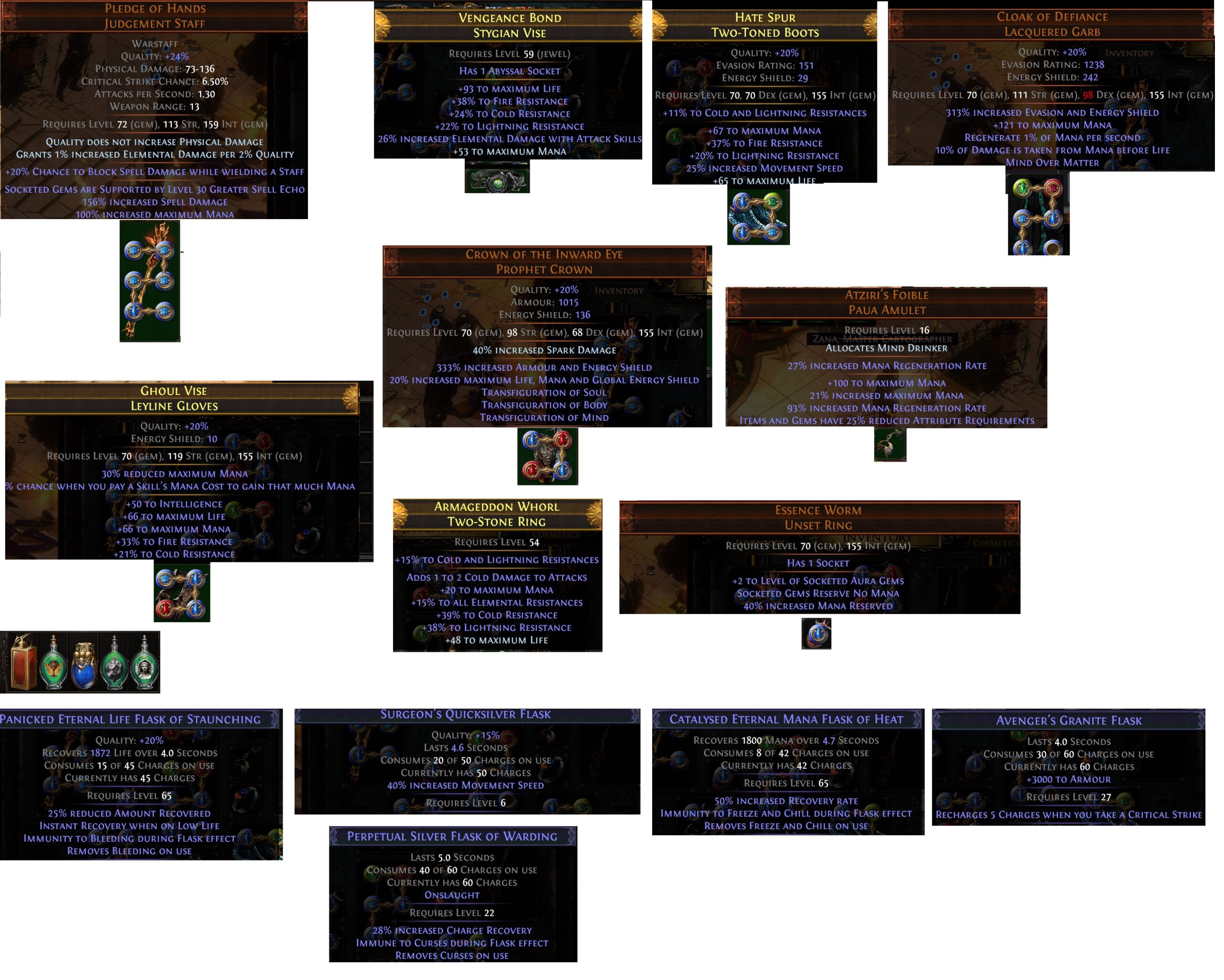 Equipement Witch Elementalist Vaal Spark Archamage full content Path of Exile 3.13